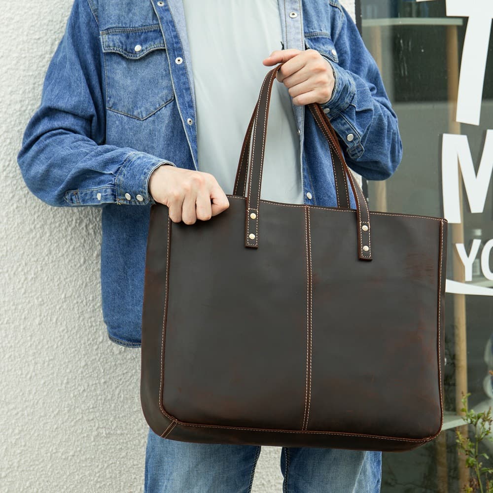 メンズトートバッグ 本革仕立て大容量縦型ビジネストートバッグ