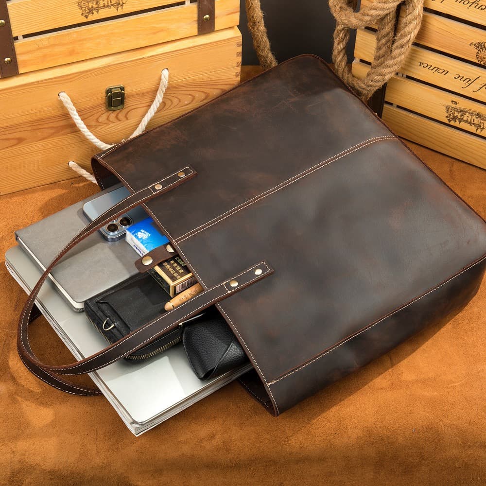 メンズトートバッグ 本革仕立て大容量縦型ビジネストートバッグ
